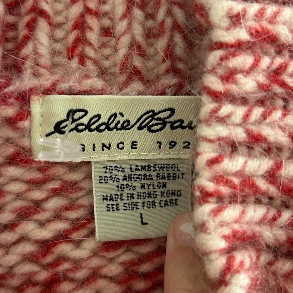 Eddie Bauer chunky knit sweater turtle red/white 70% lamb wool 20% rabbit size L - Picture 3 of 6